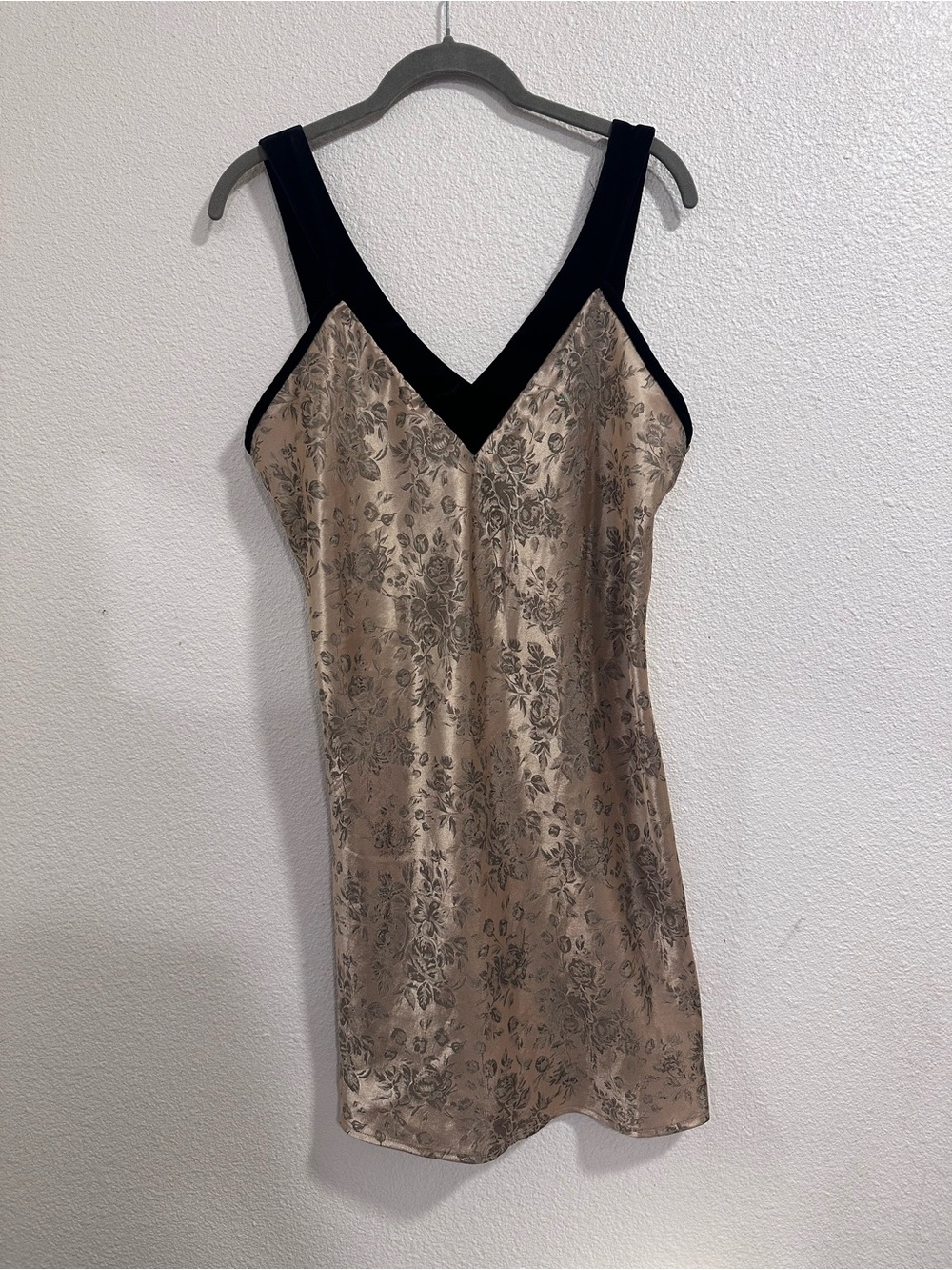 Beige Floral Satin Slip with Black Trim